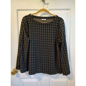 J. Jill Ponte Womens Size Large Black Gold Windowpane Pullover Blouse Top